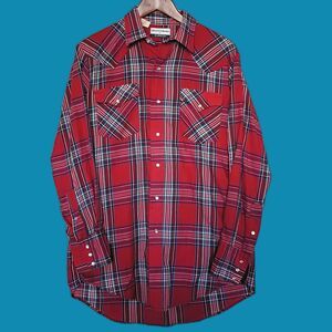 Vtg Pearl Snap Red Plaid Rodeo Shirt Silver Collection Karman 16x33 Long Tails